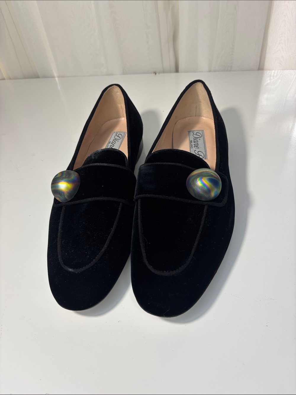 Diane .B Black Velvet Loafers with Iridescent Accent Buttons